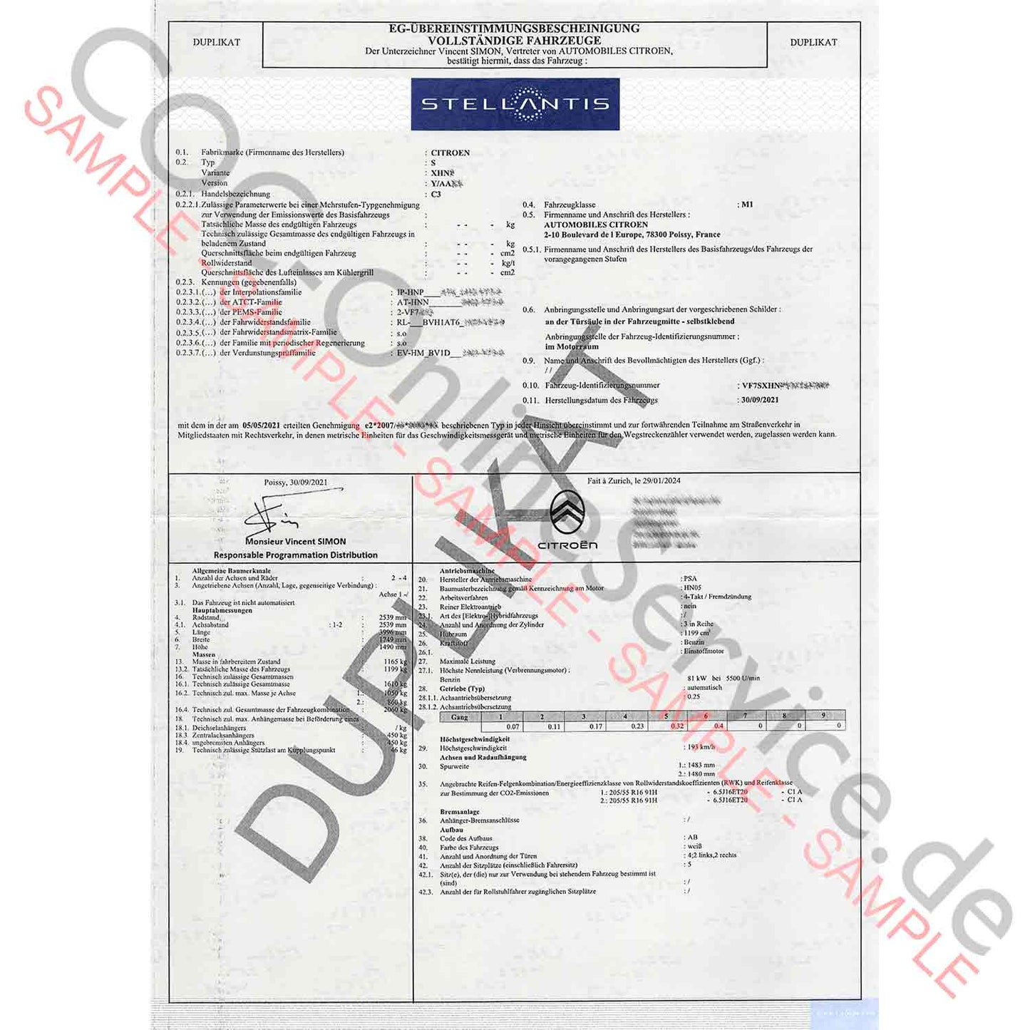 Papiers COC pour Citroën (Certificat de Conformité)