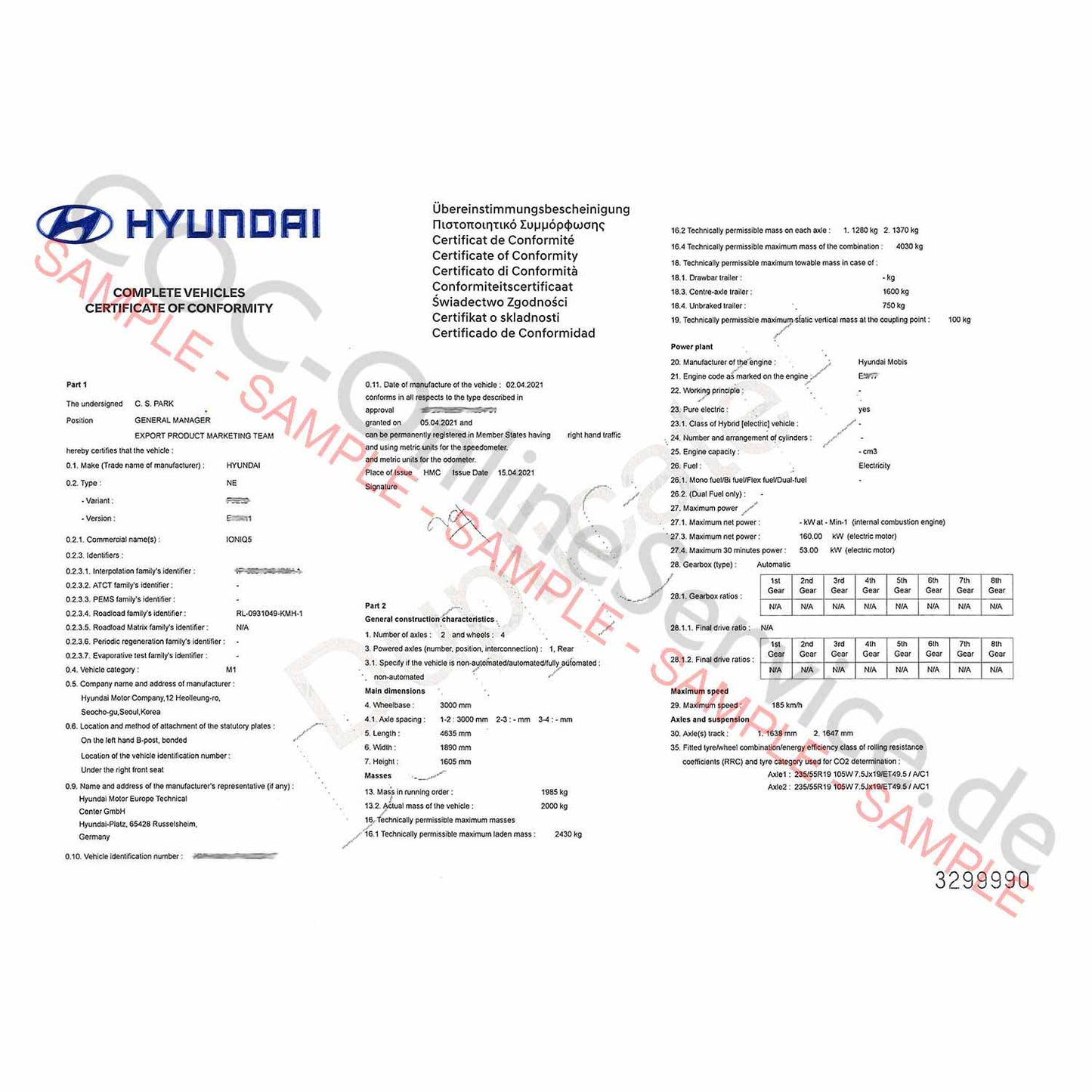 COC-documenten voor Hyundai (Certificate of Conformity)