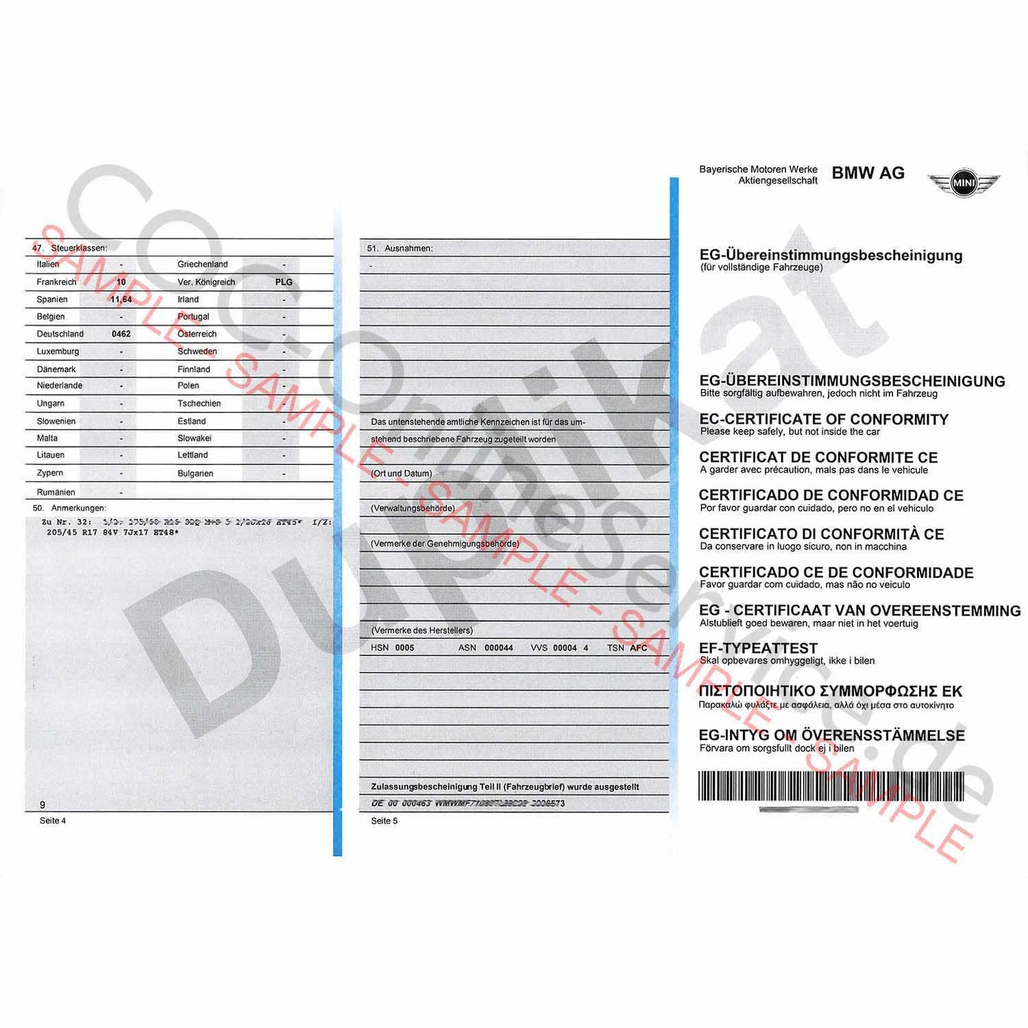 Documentos COC para MINI (Certificate of Conformity)