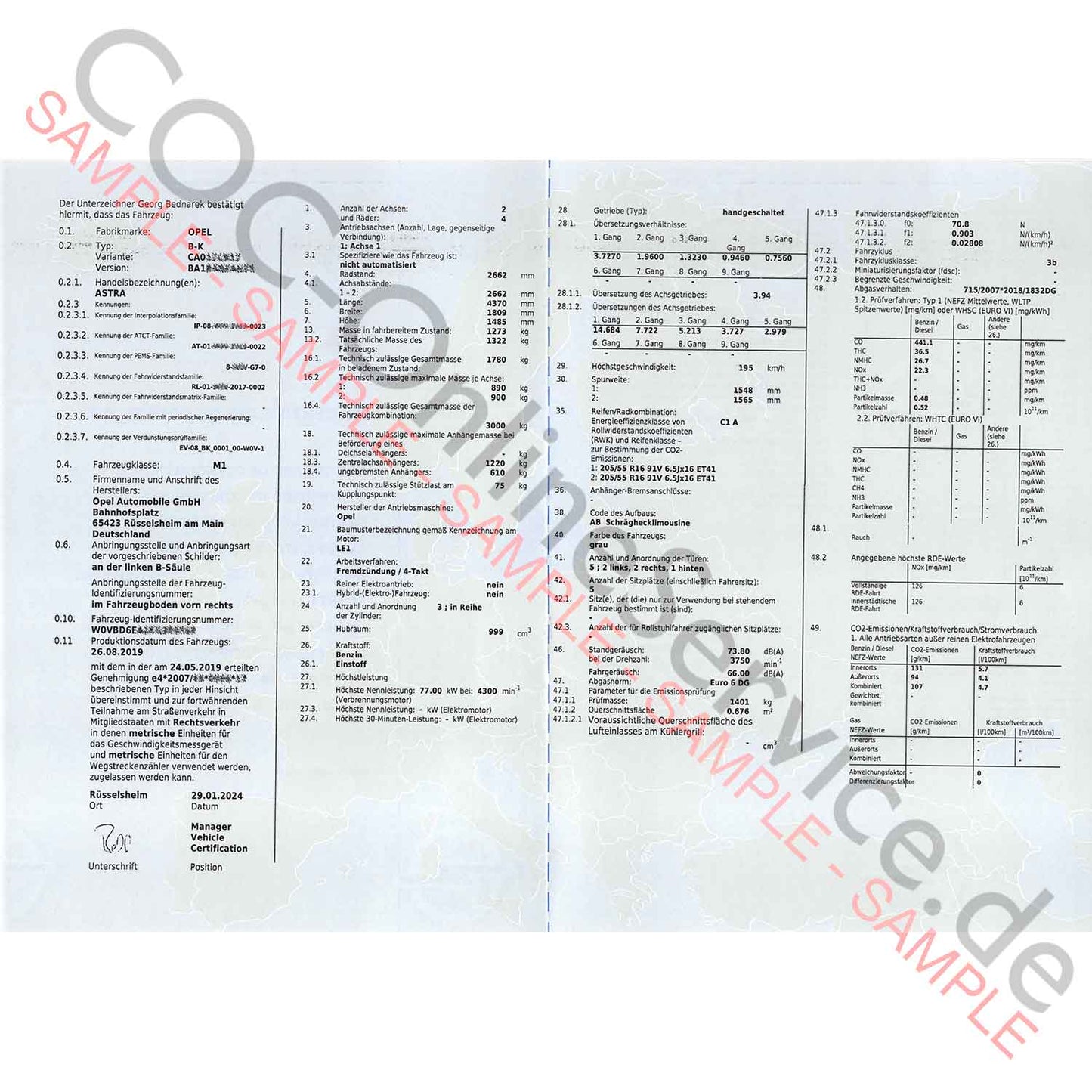 COC Document for Vauxhall (Certificate of Conformity)