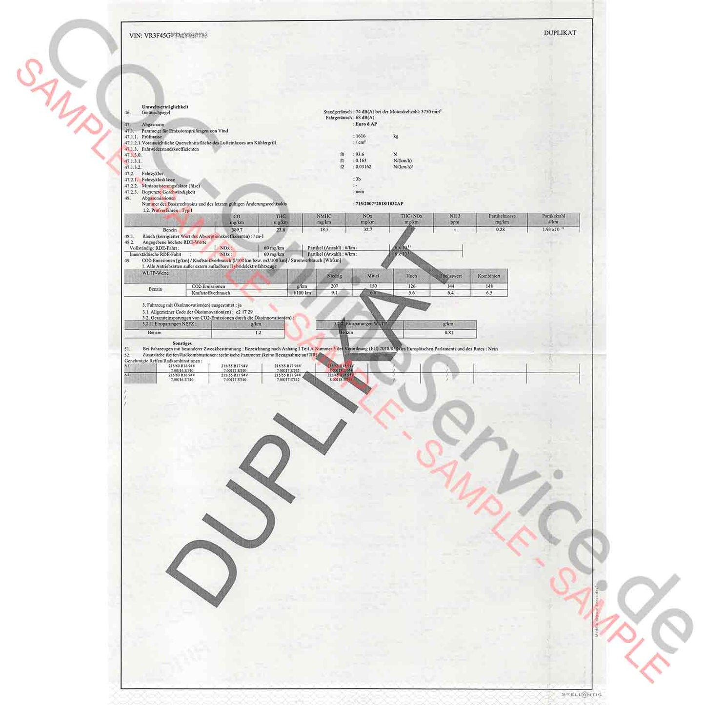 Document COC pour Peugeot (Certificat de Conformité)
