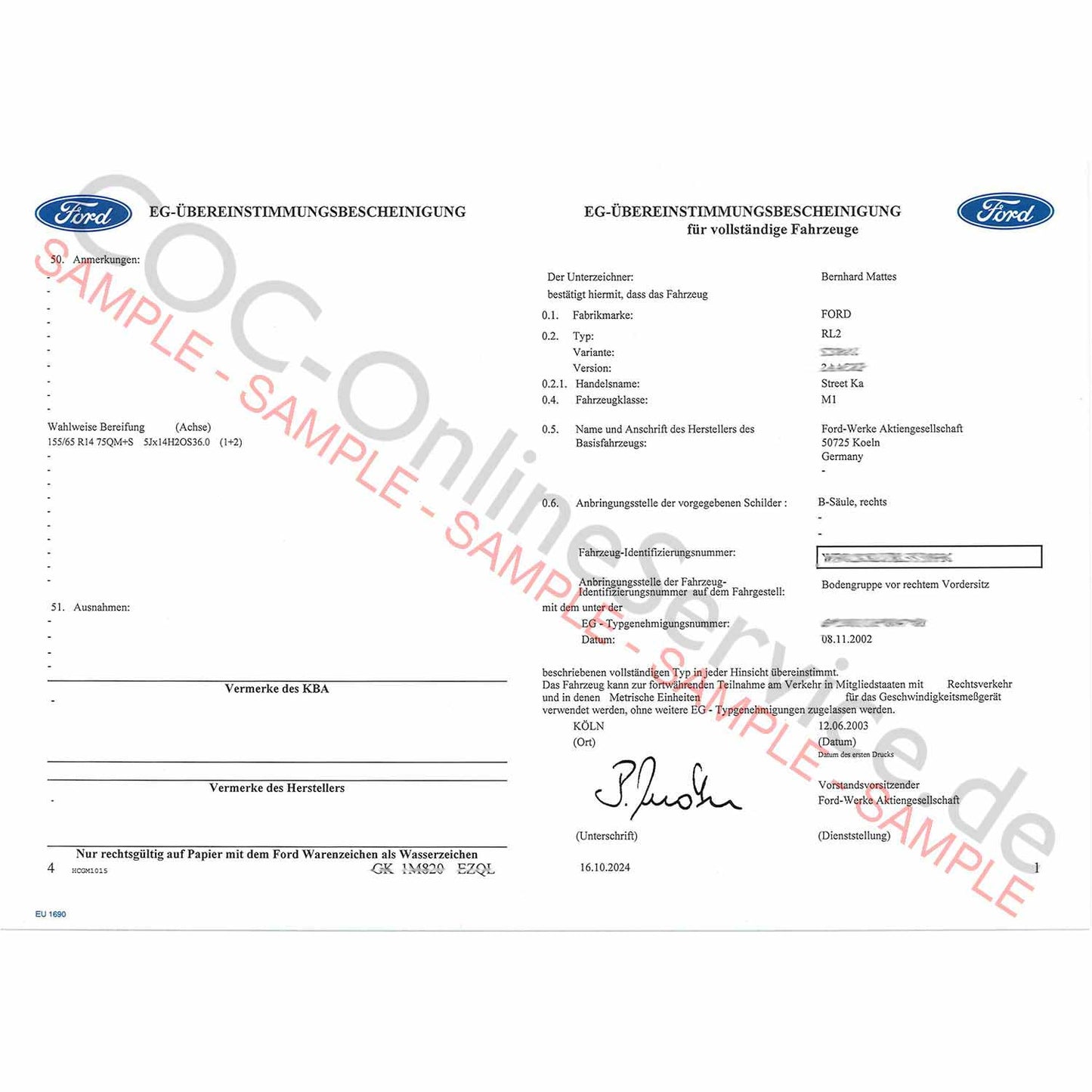 COC papers for Ford (Certificate of Conformity)