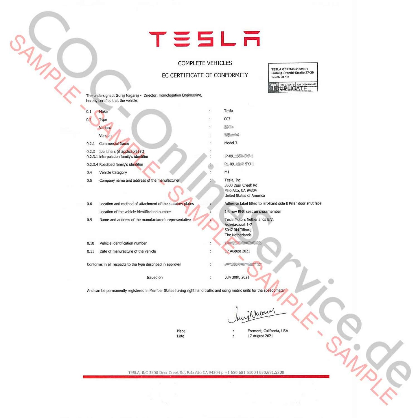 COC Papiere für Tesla (Certificate of Conformity)